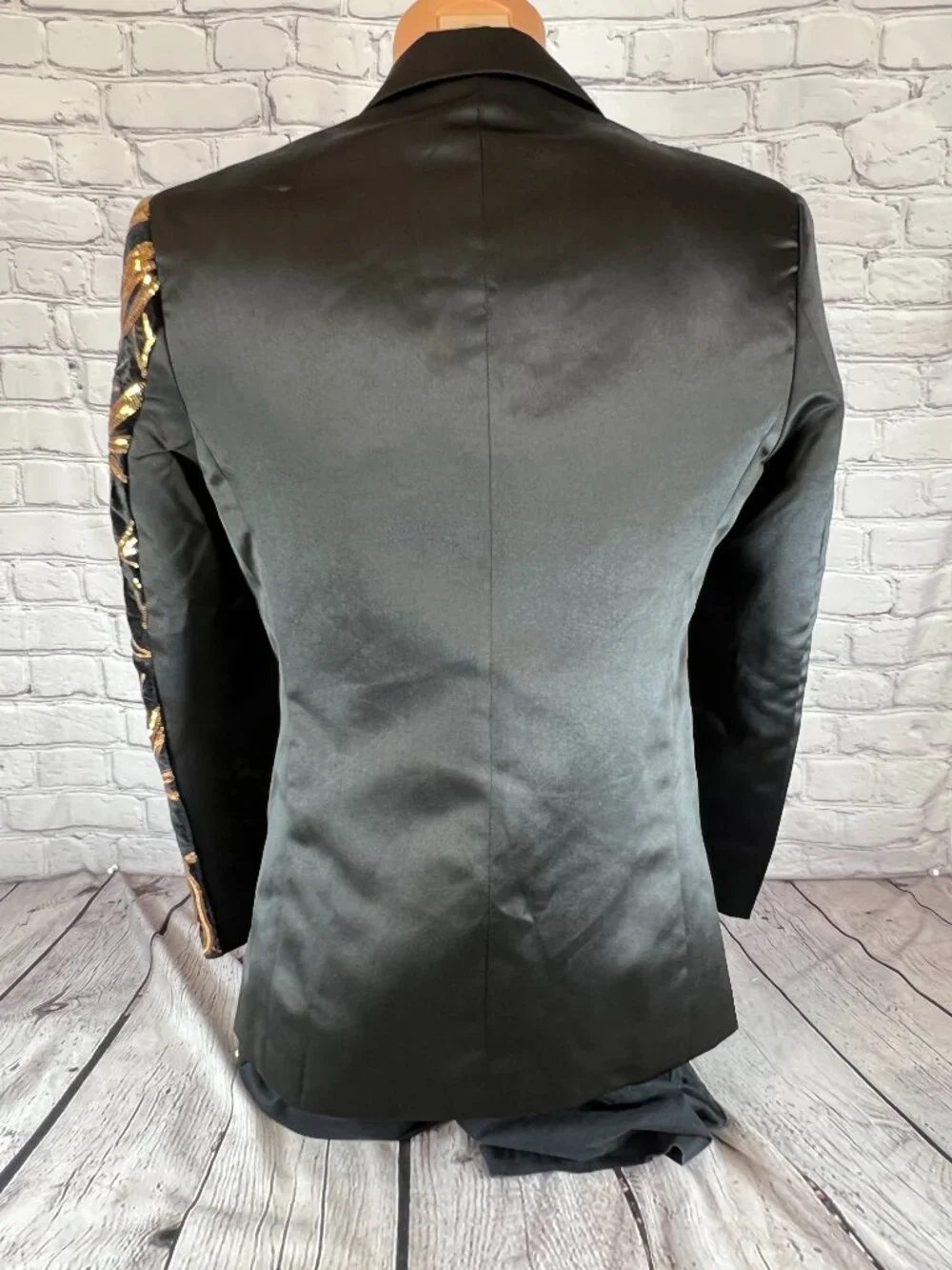 Mens Sequin Black Satin Velvet & Gold Sequined Tuxedo Single Button Jacket Sz M